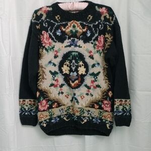 Vintage Crystal-Kobe Floral Patterned Black Sweater